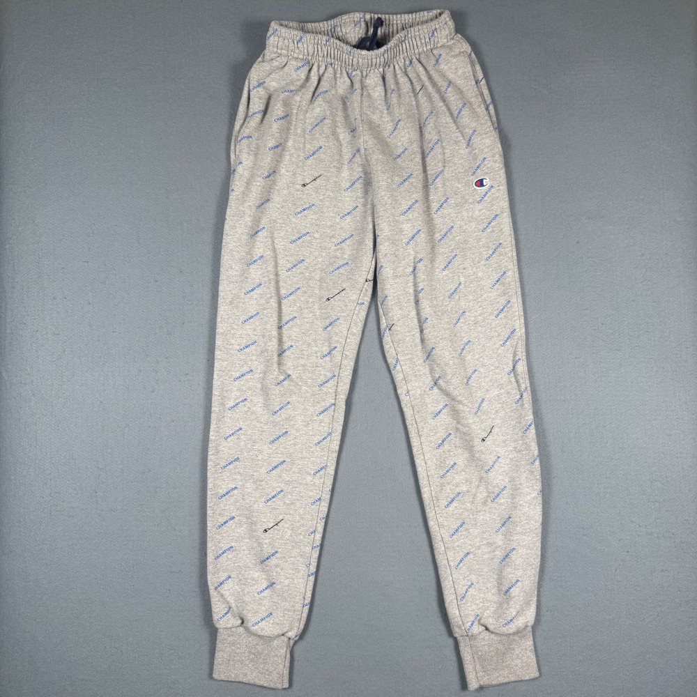 Champion Joggers Mens Small Gray Fleece Allover Logo Script Sweatpants Athletic
